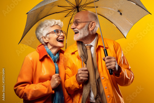 Old couple of husband and wife, enjoying retirement - they are having fun with an umbrella in the rain. Generative AI