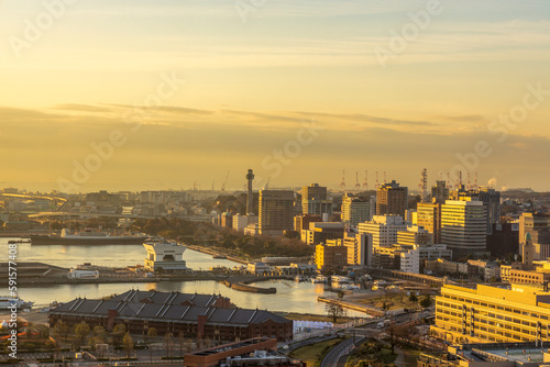 Aerial View of Yokohama port city, Japan, on an early spring morning