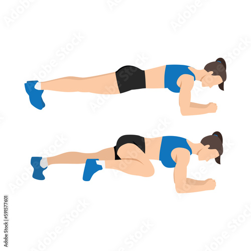 Woman doing Abdominal exercise position introduction with Plank Knee to Elbow in 2 step for guide