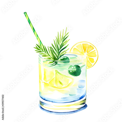 Watercolor glass of summer beverage cocktail lemon juice with leaves and lemon