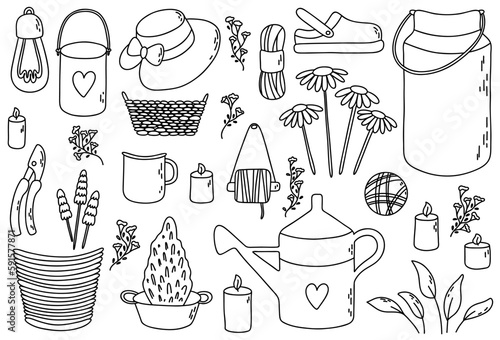 Garden set with water container, threads, candles, pot, bucket, bulb, cup, slipper shoes, hat, secateurs, thuja, flower, basket, leaves. Vector outline illustration.