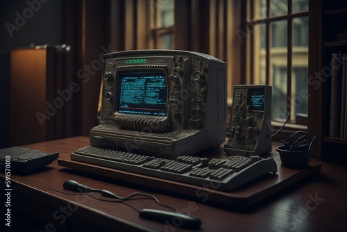 a old retro vintage personal computer with the screen on and keyboard on a table in a cozy office room. Generative AI