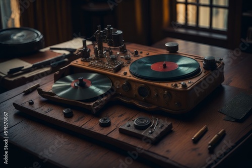 a old retro vintage vinyl record player with a plate on a table in a cozy office room. Generative AI