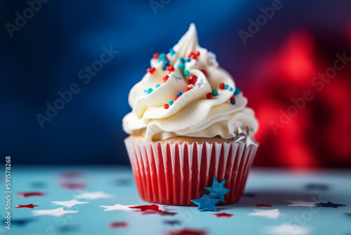 Cup cakes decorated in red white and blue for 4th July celebration. Generative ai