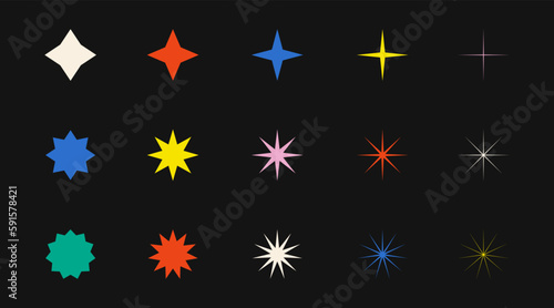 Abstract geometric brutalist shapes  stars and figures. Minimalist geometric design elements in swiss style. Colorful trendy brutalist shapes and figures in Scandinavian style. Vector