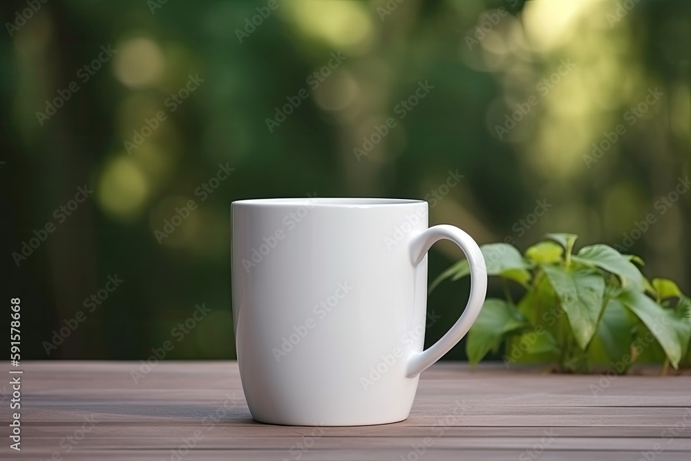 Blank white mug mock up with plants in background, Generative AI Blank white mug mock up with plants in background, Generative AI