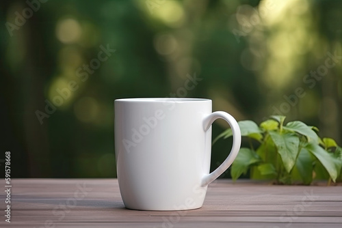Blank white mug mock up with plants in background, Generative AI