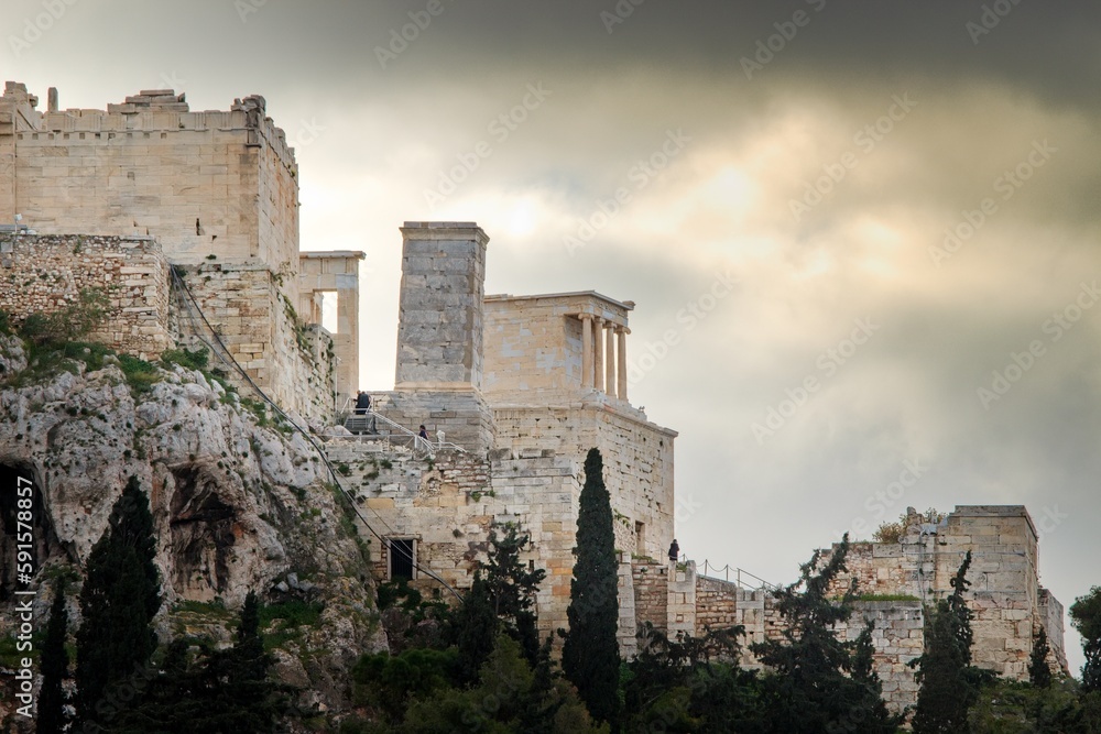 Propylaea, propylea or propylaia monumental gateway. The entrance to the Acropolis of Athens. And The Temple of Athena Nike