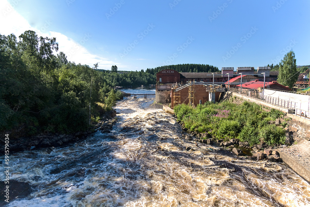 lyaskelsky waterfall is the largest waterfall on the Yanisjoki River, which now serves as a spillway of the hydroelectric dam. Lyaskelya settlement, Karelia, Russia
