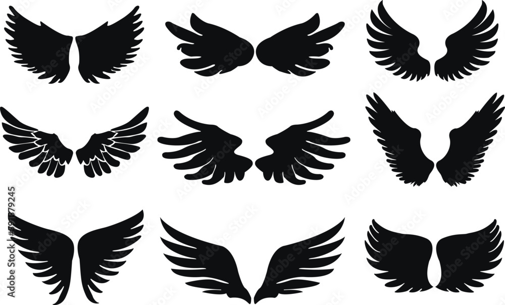 Set of black wings. Wing silhouettes vector illustration. Set of black wings. Wing silhouettes vector illustration.