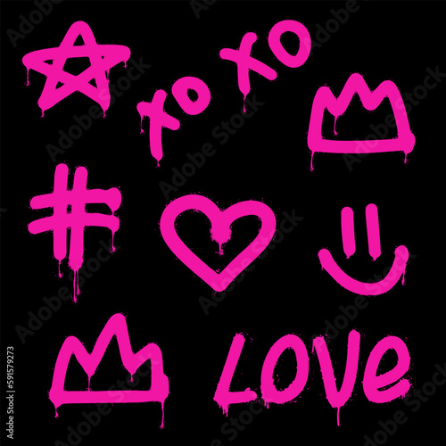 Set graffiti clip art. Urban street style. Collection of symbols, heart, crown, smile, star, hashtag, slang. Splash effects and drops. Grunge and spray texture.
