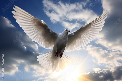 White dove flying in the sun rays in blue sky. Generative AI