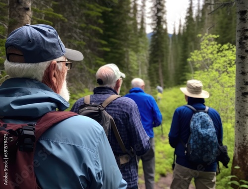 view from behind, A group of four retirees in their late 60s and early 70s are hiking through a scenic mountain trail. free time and freedom in nature, senior healthy lifestyle concept. Generative AI