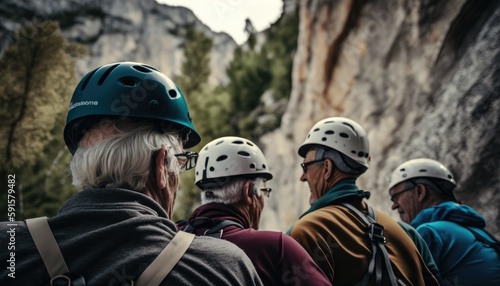 view from behind, A group of retirees in their 70s is rock climbing on cliff face. They wearing harnesses and helmets and using ropes to climb. seniors with instructor climbing rocks. Generative AI