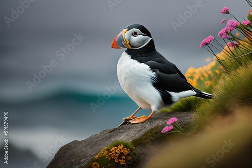 Arctic puffin bird  Fratercula arctica  on the steep cliffs of Nordic shore  beautiful northern flowers  dramatic waves  low clouds. Generative AI