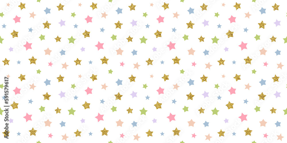 Cute colorful retro star seamless pattern illustration with gold glitter sticker. Trendy 90s style background design. Vintage y2k wallpaper art print.