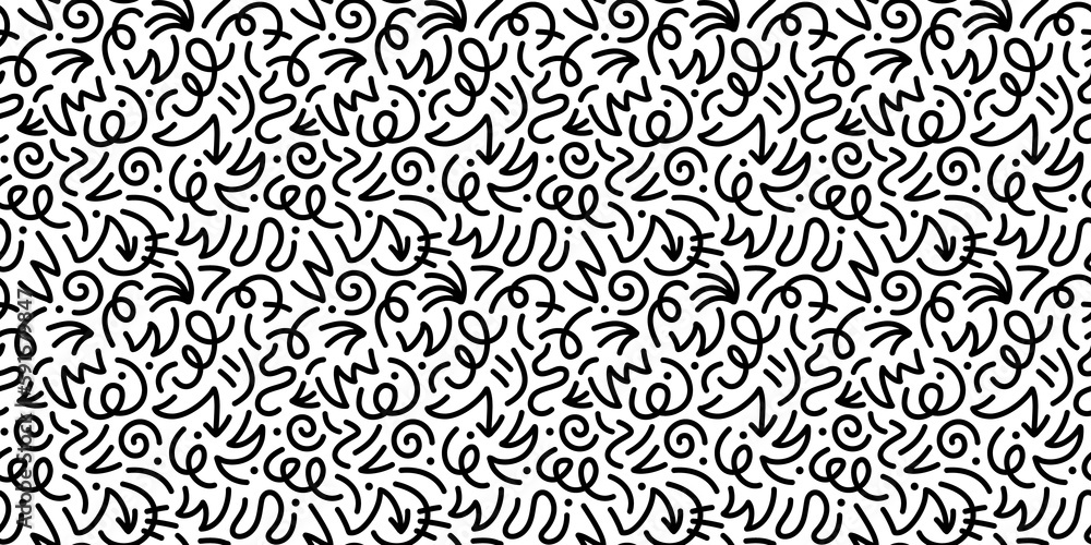 Fun black and white abstract line doodle seamless pattern. Creative minimalist style art background for children or trendy design with basic shapes. Simple childish scribble backdrop.	