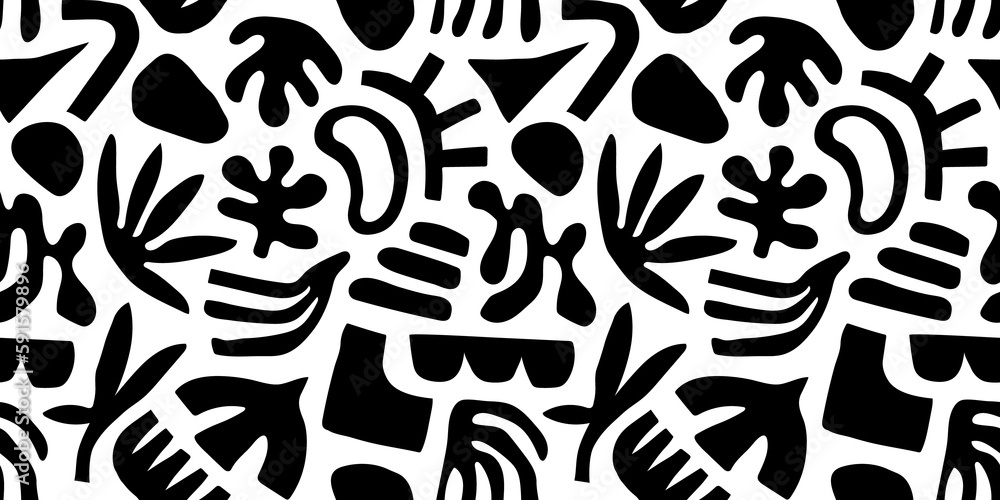 Abstract organic shape art seamless pattern with geometric doodles. Black and white cartoon background, simple random shapes texture print. Summer nature drawing wallpaper. Abstract organic shape art seamless pattern with geometric doodles. Black and white cartoon background, simple random shapes texture print. Summer nature drawing wallpaper.