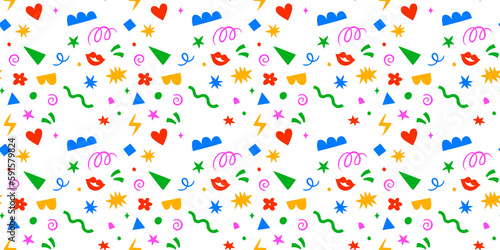 Fun colorful doodle seamless pattern. Creative retro style art background for children or trendy design with geometric shapes. Simple vintage childish backdrop.