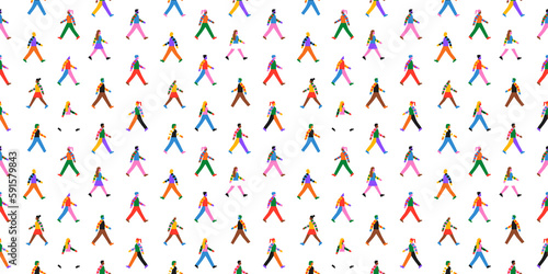Diverse colorful people group walking together seamless pattern illustration. Rainbow color character crowd background for friendship or team work concept. Different ethnic culture wallpaper texture. © Dedraw Studio