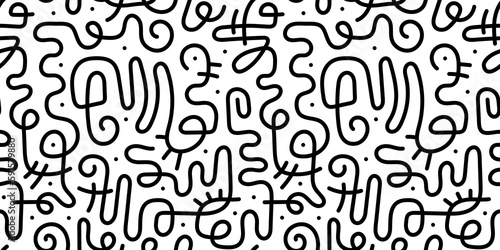 Fun black and white line doodle seamless pattern. Creative abstract squiggle style drawing background for children or trendy design with basic shapes. Simple childish scribble wallpaper print. 