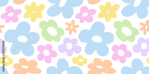 Trendy floral seamless pattern . Vintage 70s style hippie flower background design. Colorful pastel color groovy artwork, y2k nature backdrop with daisy flowers.