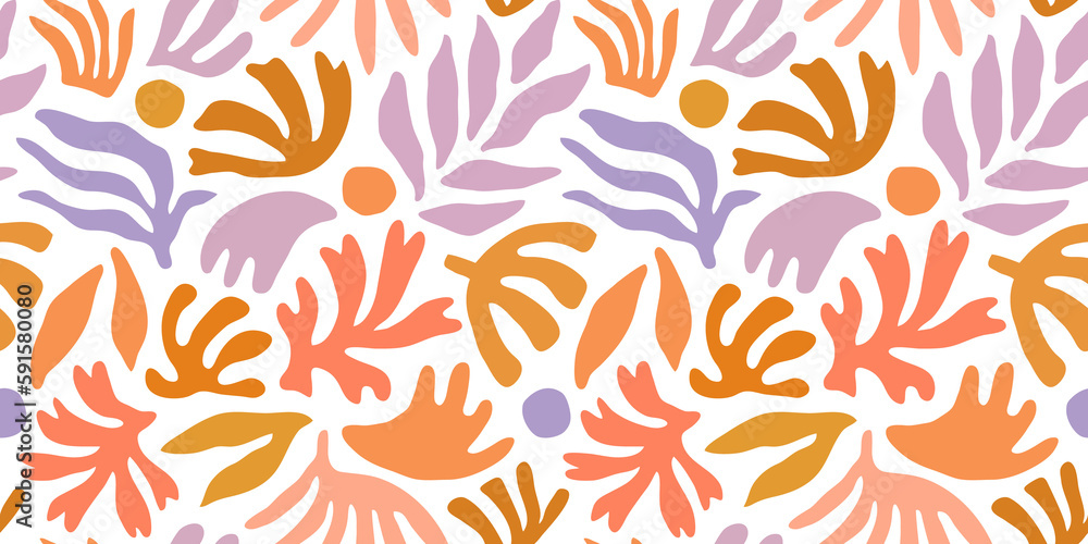 Abstract plant leaf art seamless pattern with colorful freehand doodle collage. Organic leaves cartoon background, simple nature shapes in vintage pastel colors.