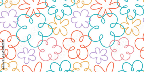 Colorful floral doodle seamless pattern illustration. Vintage flower drawing background design. Retro pastel color spring artwork, abstract hand drawn nature backdrop with daisy flowers.