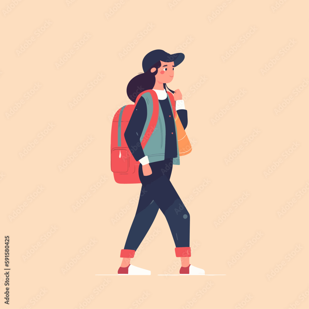 Fototapeta premium Woman with a suitcase. Adventure vector of a lady traveling with baggage. Tourism flat illustration