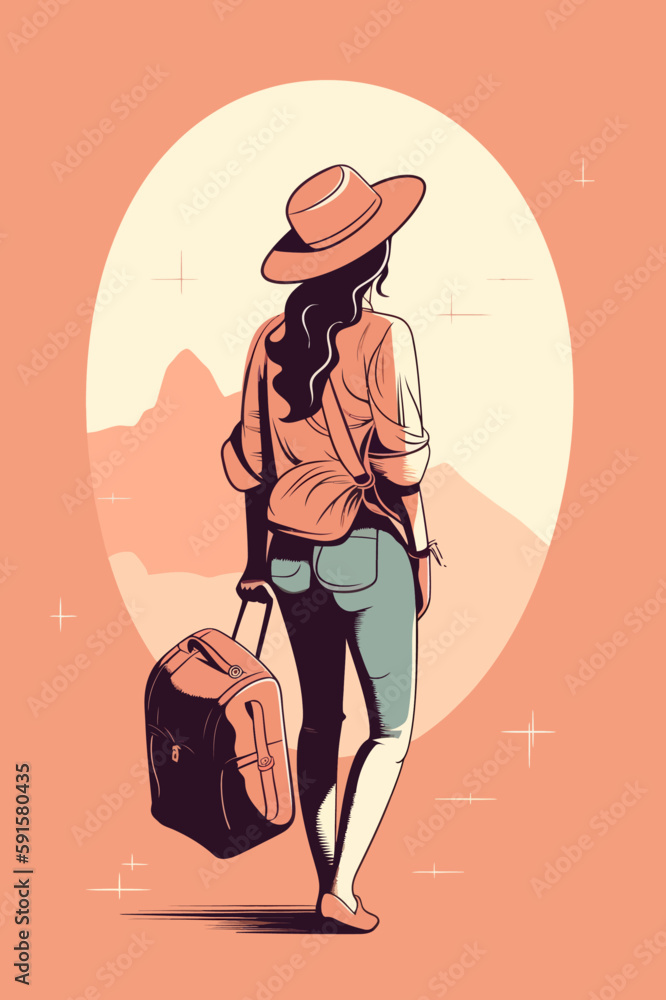 Obraz premium Woman with a suitcase. Adventure vector of a lady traveling with baggage. Tourism flat illustration