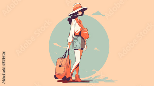 Woman with a suitcase. Adventure vector of a lady traveling with baggage. Tourism flat illustration