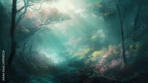 Fantastic, dreamy, sparkling, mysterious magical green forest with mist created with Generative AI technology © Anastasiia