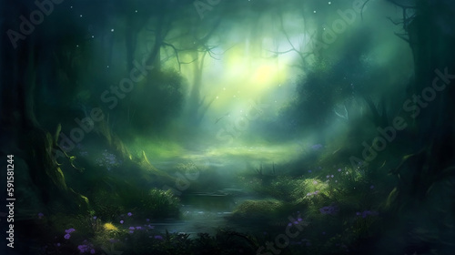Fantastic  dreamy  sparkling  mysterious magical green forest with mist created with Generative AI technology
