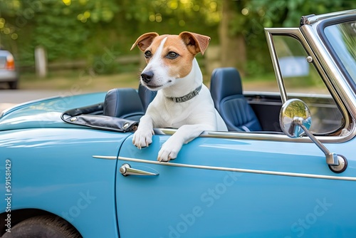 the dog sits in the car, generative ai