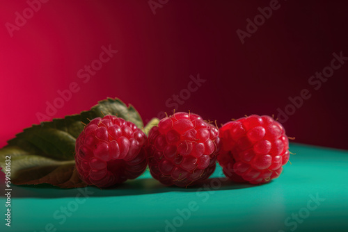 Raspberry, rapberries on red background, generative ai, Fresh tasty fruit photo