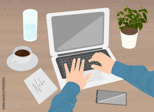 Work at home, remote work, freelance online job concept. Man or woman working on laptop. Human hands typing on keyboard, vector illustration.