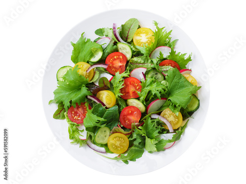 Valokuva plate of salad with fresh vegetables isolated on transparent background, top vie