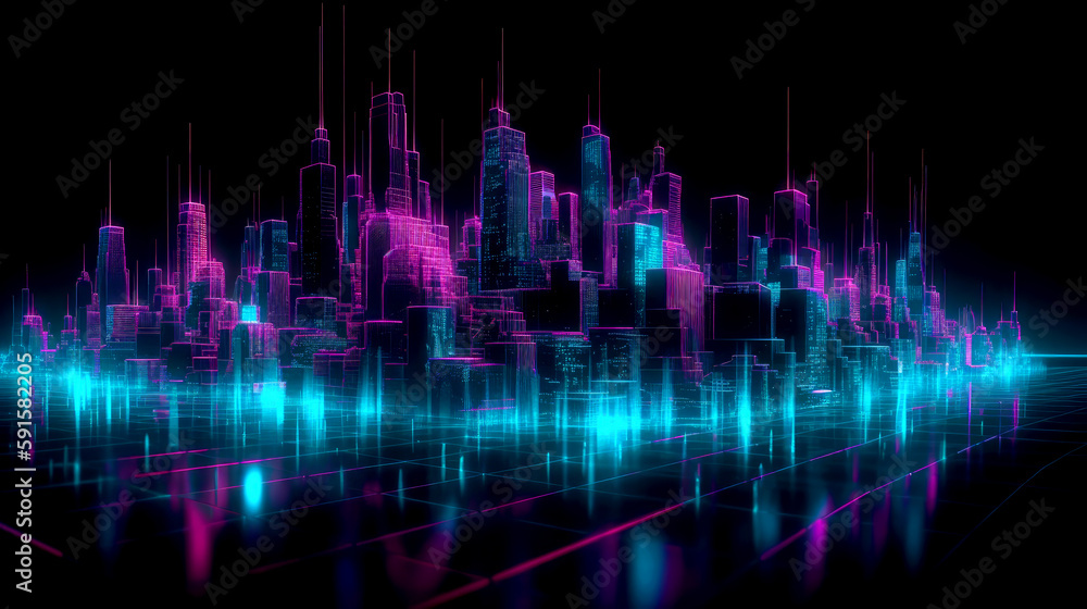 Abstract virtual futuristic skyline in neon colors, sci-fi, futuristic city. Social network communication in the global networks. 3D illustration.