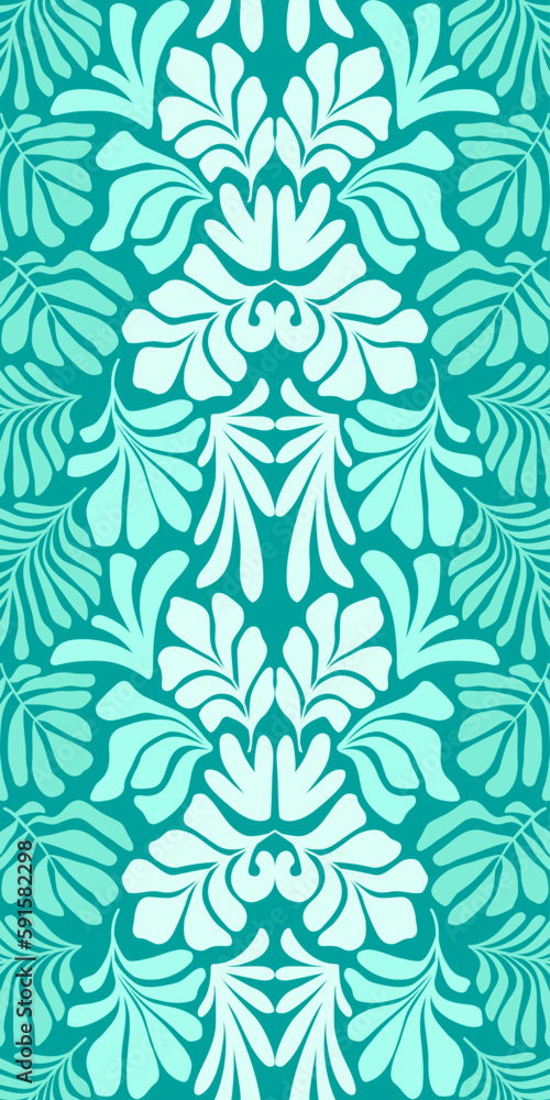 Turquoise abstract background with tropical palm leaves in Matisse style. Vector seamless pattern. Turquoise abstract background with tropical palm leaves in Matisse style. Vector seamless pattern.