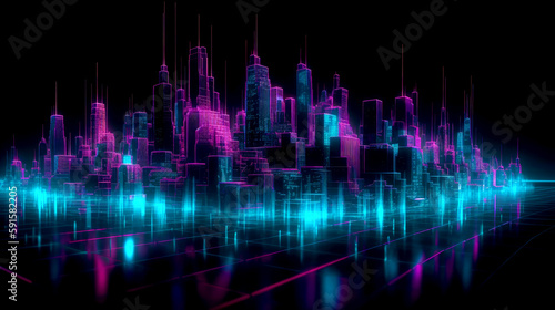Abstract virtual futuristic skyline in neon colors, sci-fi, futuristic city. Social network communication in the global networks. 3D illustration.