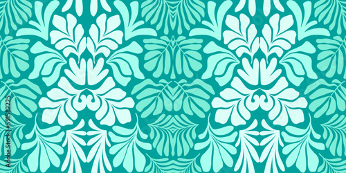 Turquoise abstract background with tropical palm leaves in Matisse style. Vector seamless pattern.