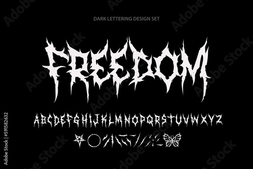 Y2k Freedom Dark Lettering tattoo vector type font. Grunge style type font with Gothic Pank Rock and Dark Rock signs and symbols. Scary tattoo font 00s concept. Rock n Roll style lettering