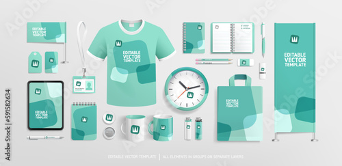 Brand Identity design concept on stationery Mock-Up. Minimalist corporate identity graphics on promotion souvenirs. Editable vector Stationery template 