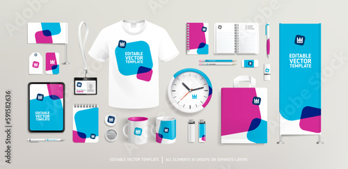 Promotional souvenirs with Brand Identity design concept on stationery. Stationery mock-up template. Brand presentation mock-up set. Promotion AD  vertical banner design. Editable vector template
