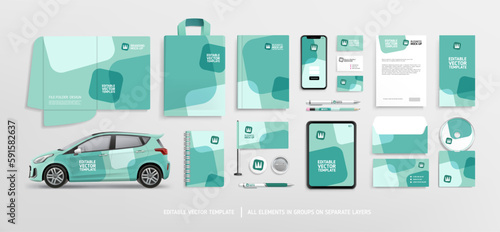 Brand Identity concept of stationery Mock-Up set with blue abstract geometric design. Branding stationery mockup template of File folder, annual report, promotional van car, brochure. Editable vector