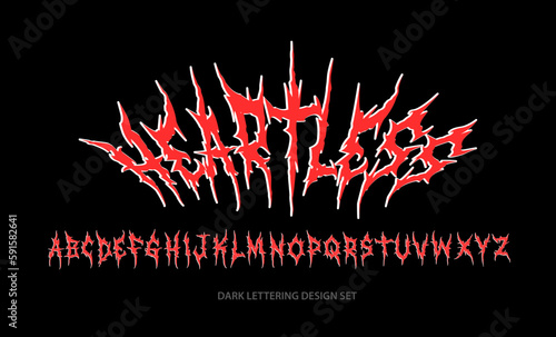 Y2k Freedom Dark Lettering tattoo vector type font. Grunge style type font with Gothic Pank Rock and Dark Rock signs and symbols 4 print design. Scary tattoo font concept. Rock n Roll style lettering