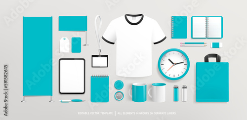 Promotional souvenirs with blue background on stationery. Stationery mock-up template. Corporate identityand branding presentation mock-up set. Promotion vertical  AD banner design. Editable vector 