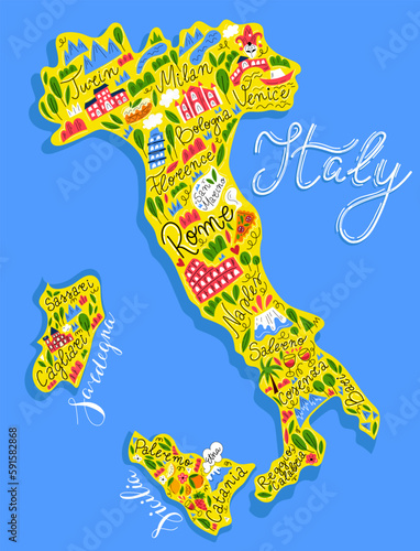 Cartoon style, stylised map of Italy, Hand drawn vector illustration. Cartoon tourist map with symbols of Italy and lettering. Italian city names, Sardinia and Sicilia islands. 