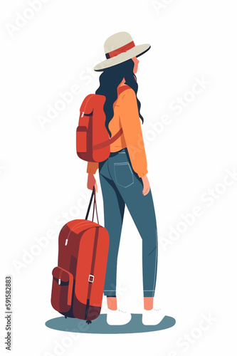 Tourism flat illustration. Woman with baggage. Tourist with a suitcase. Adventure vector of a lady traveling with backpack. 