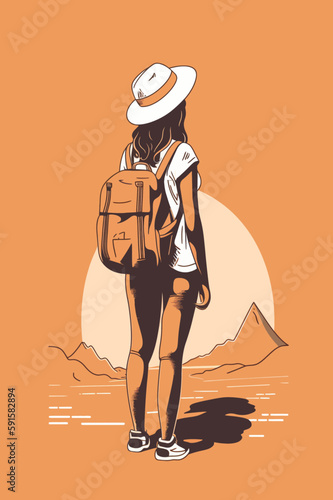 Tourism flat illustration. Woman with baggage. Tourist with a suitcase. Adventure vector of a lady traveling with backpack. 
